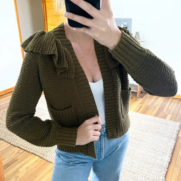 Madewell 100% Cotton Olive Green Ruffled Bohemian Open Knit Cardigan Sweater XXS - Picture 1 of 8